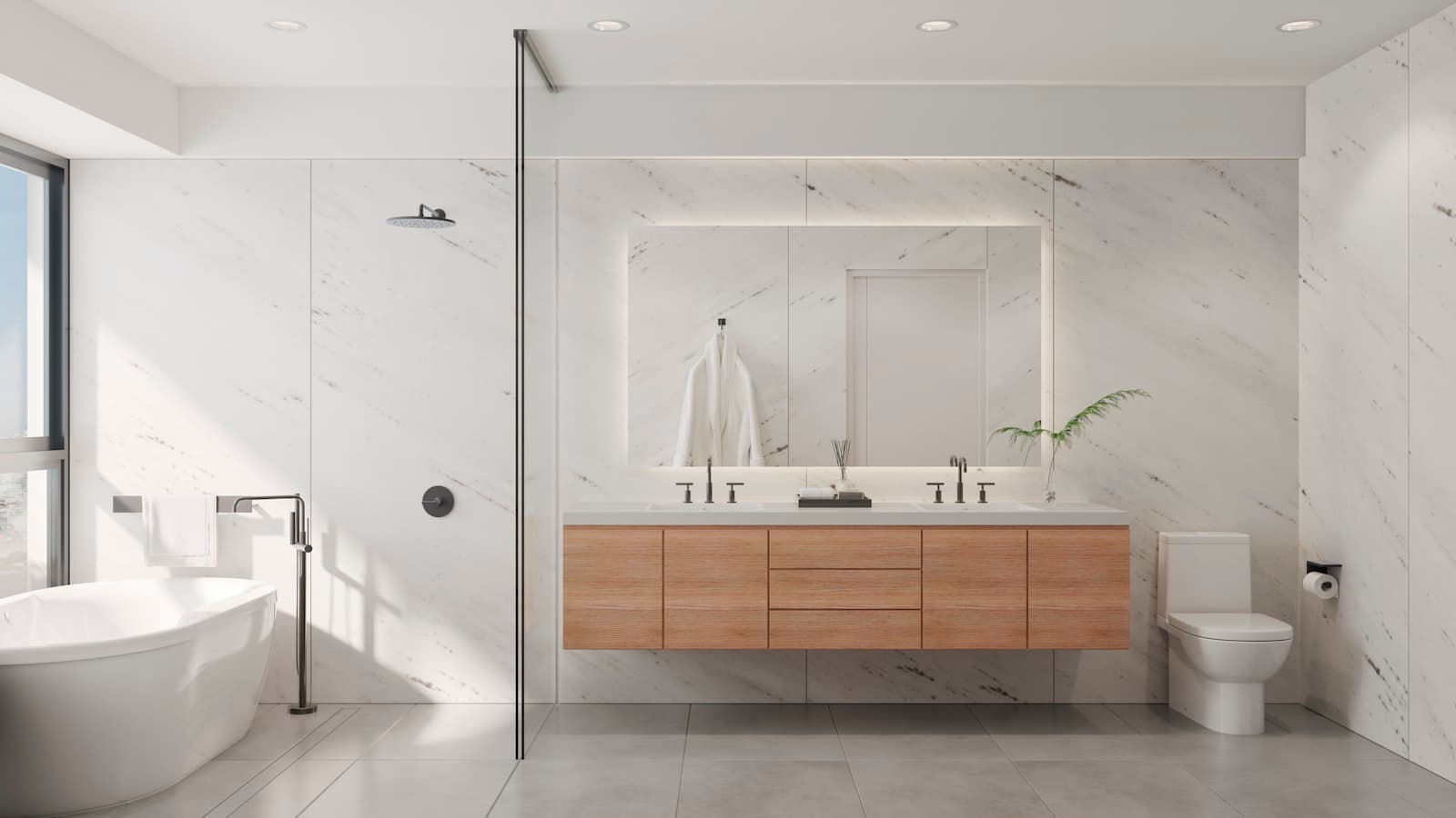 Bright, spotless modern bathroom after a deep clean