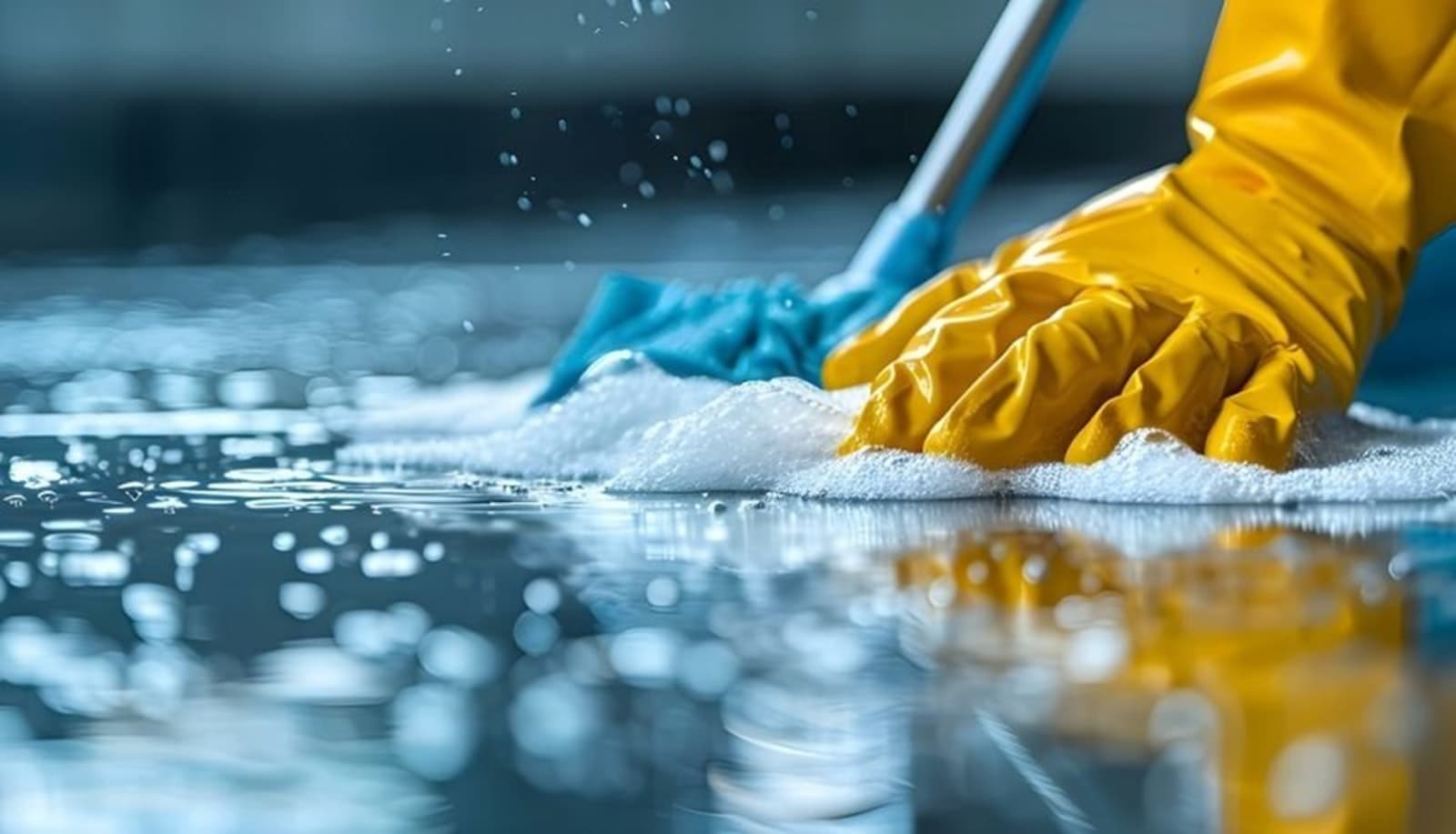 Gloved hands mopping a floor during a professional clean